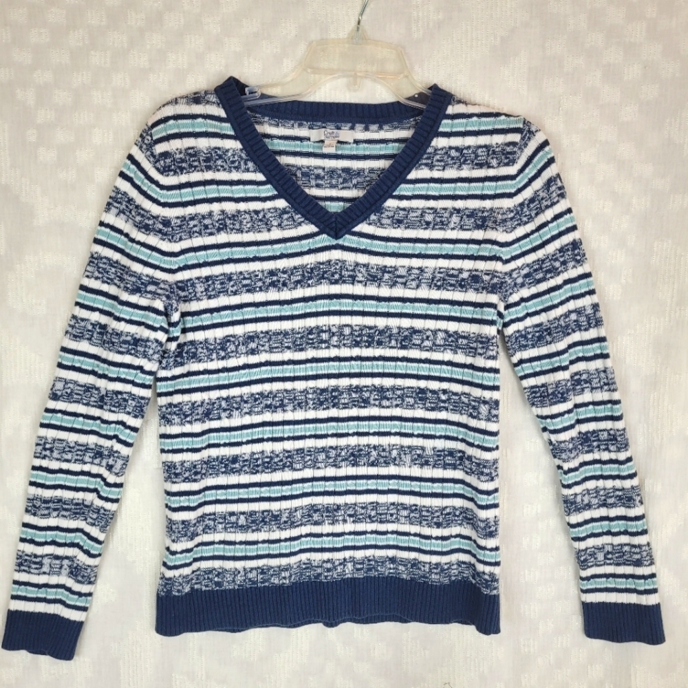 Croft & Borrow ribbed knit v-neck striped blue white sweater nautical cotton  S